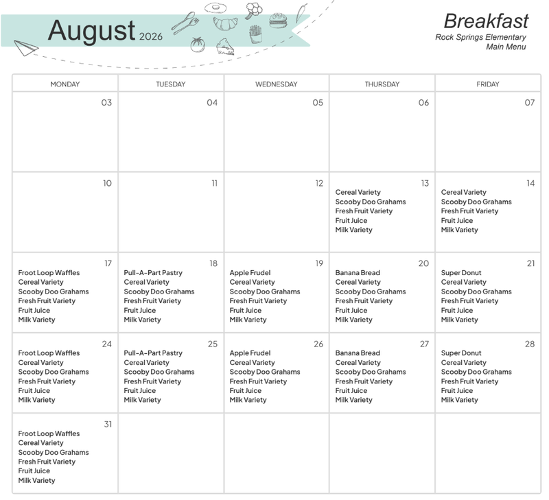 August Breakfast Menu for RSE