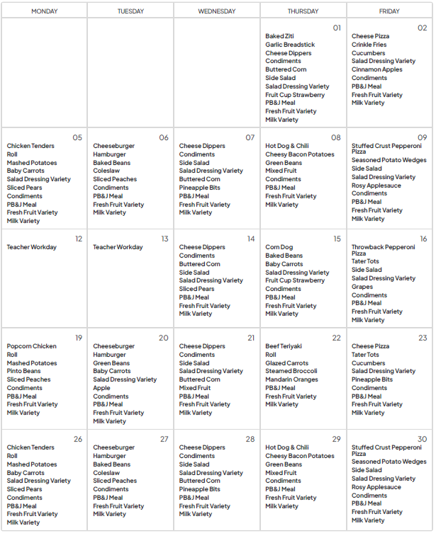 October Lunch Menu