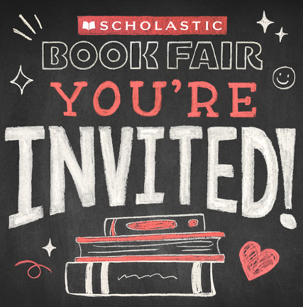 Scholastic Book Fair You're Invited! Poster with black background with red and white writing