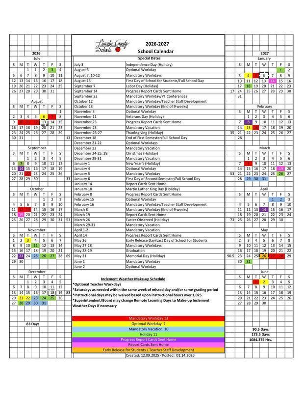 Lincoln County School 2026-2027 Calendar