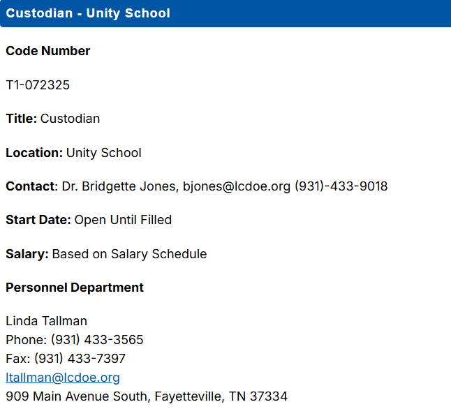 Custodian Position - Unity School 