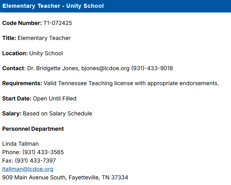 Job Posting: Elem. Teacher - Unity School 