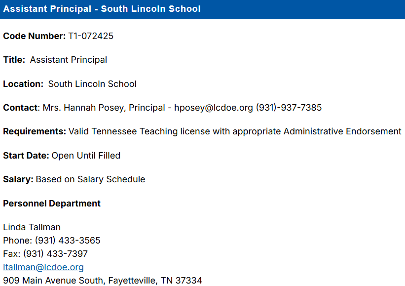 Job Posting: Asst. Principal - South Lincoln School 