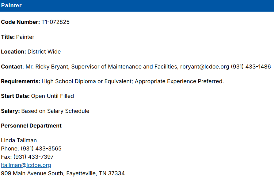 Job Posting: Painter, Maint. Dept. 