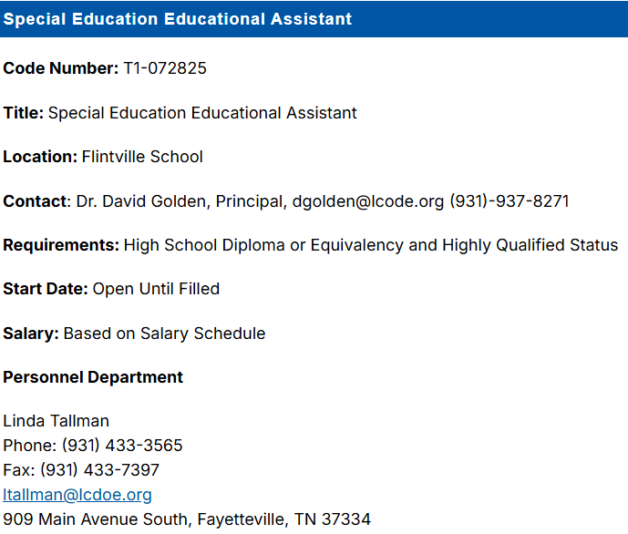 Job Posting: SPED EA, Flintville School 