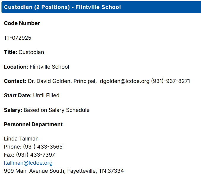 Job Posting: Custodian Positions, Flintville School 