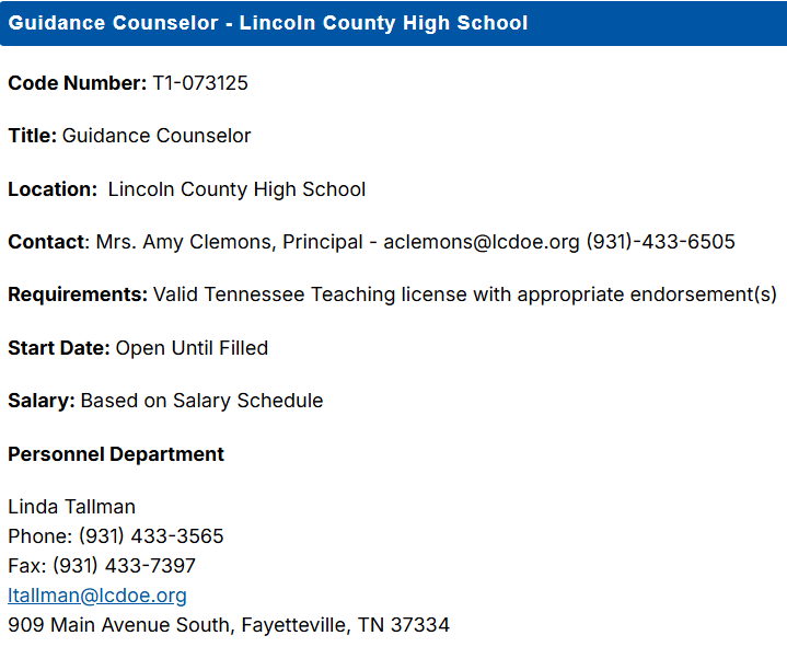 Job Posting: Guidance Counselor, Lincoln Co. HS