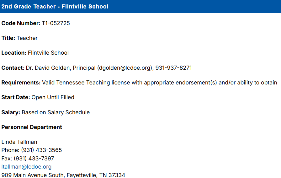 Job Posting: Flintville School 