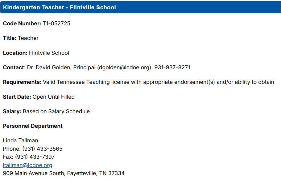 Job Posting: Flintville School 