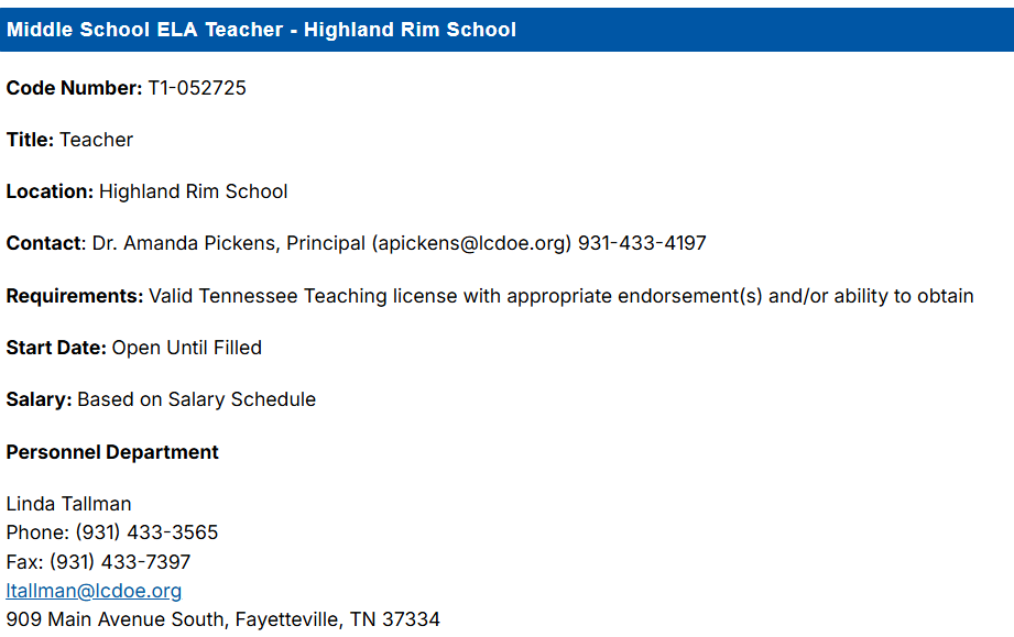Job Posting: Highland Rim School 