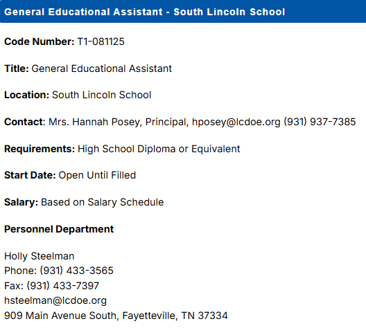 Job Posting: General Educational Assistant - South Lincoln School 