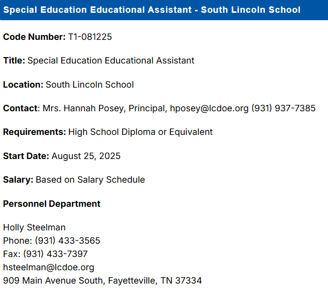 Job Posting: Special Education EA - South Lincoln 