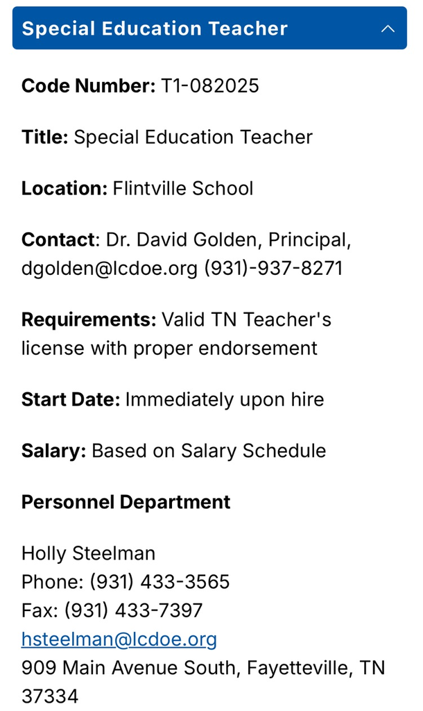 Special Education Teacher - Flintville School.
