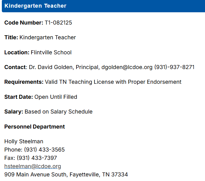 Job Posting:  Kindergarten Teacher - Flintville School 