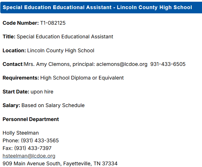 Job Posting: Special Education Educational Assistant - LCHS