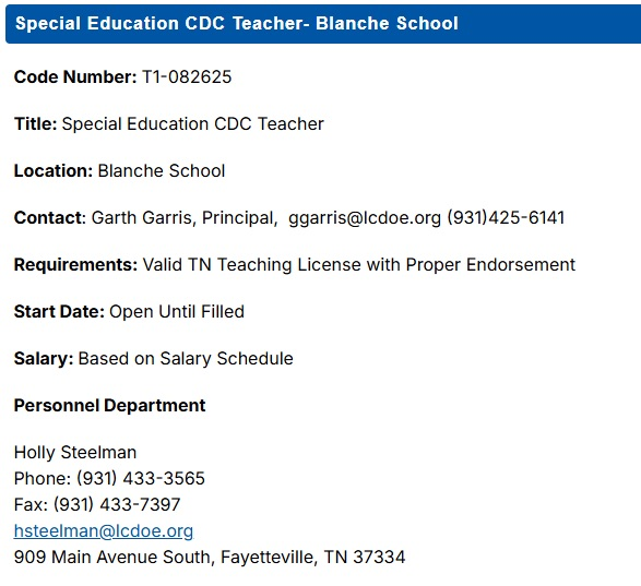 Job Posting: Special Education (CDC) Teacher - Blanche School 