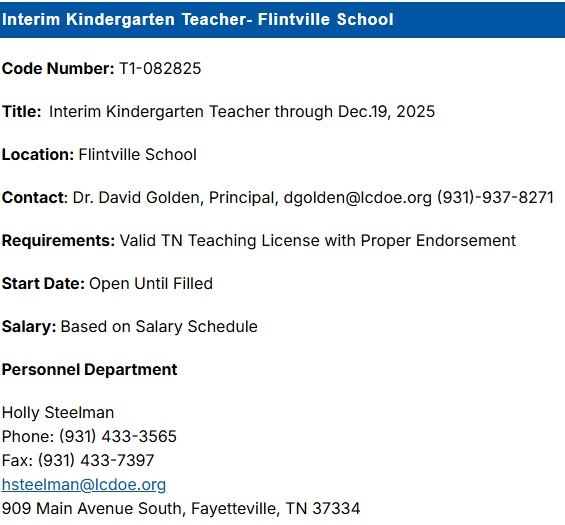 Job Posting: Interim Kindergarten Teacher - Flintville School 