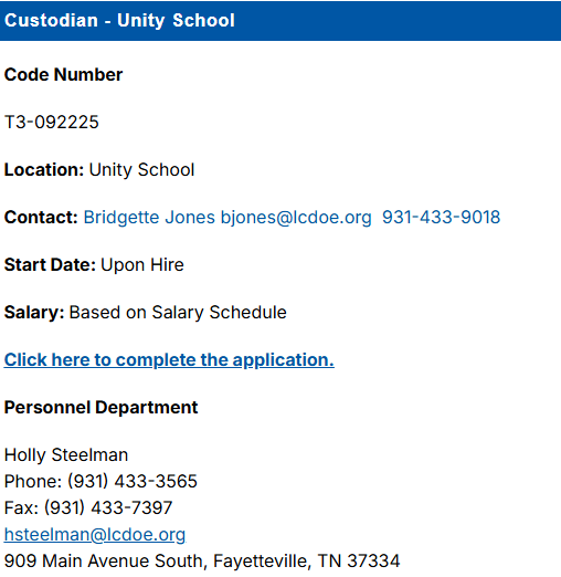 Job Posting: Custodian - Unity School 