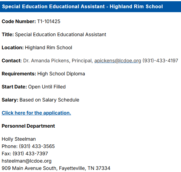 Job Posting: Special Education Educational Assistant - Highland Rim School 