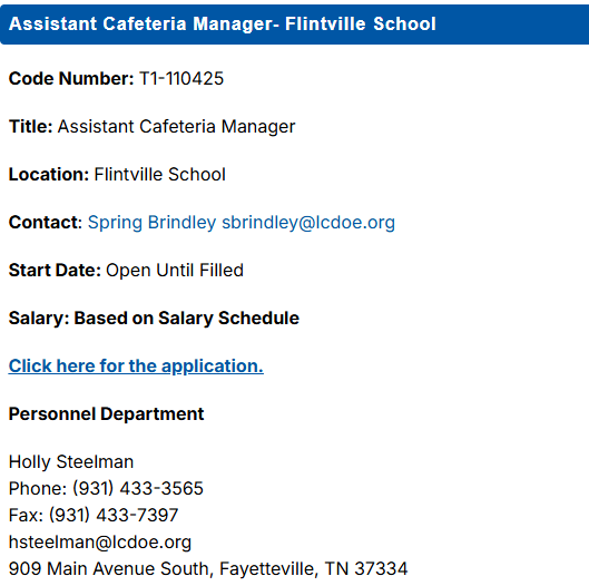 Job Posting: Assistant Cafeteria Manager - Flintville School 