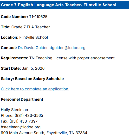 MS ELA Position: Flintville School 