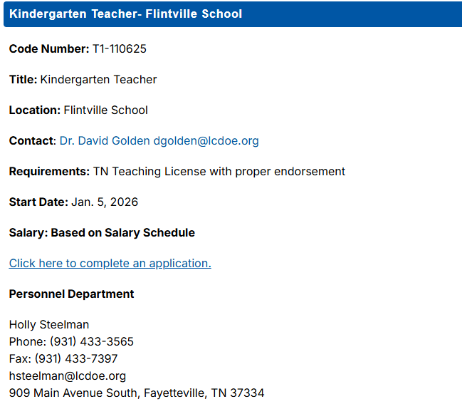 Kindergarten Position: Flintville School