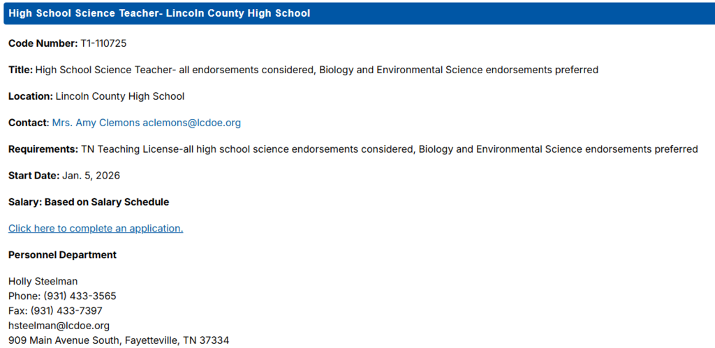 HS Science Position: LCHS