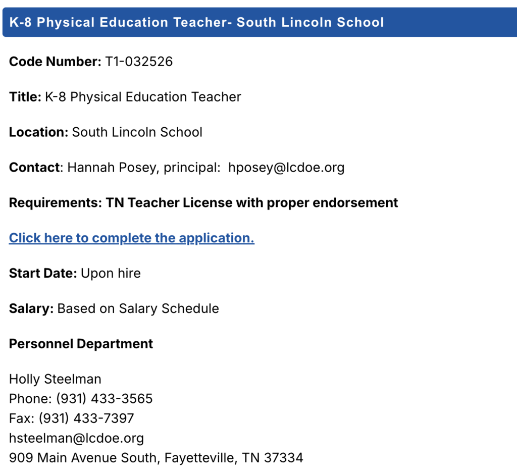 Job Posting: South Lincoln School 