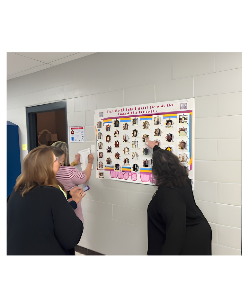 Teachers looking a photos on wall