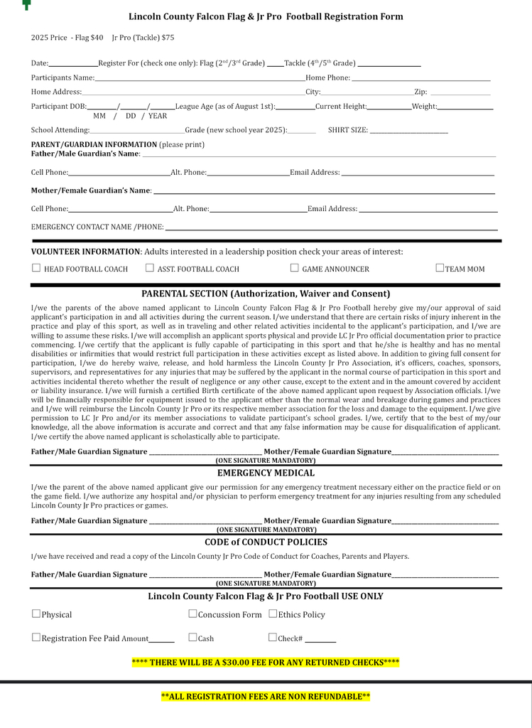 Jr Pro/ Flag Football Sign Up