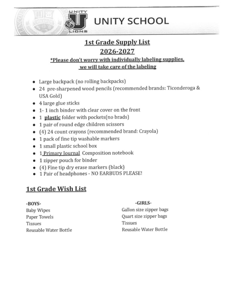 1st supply list