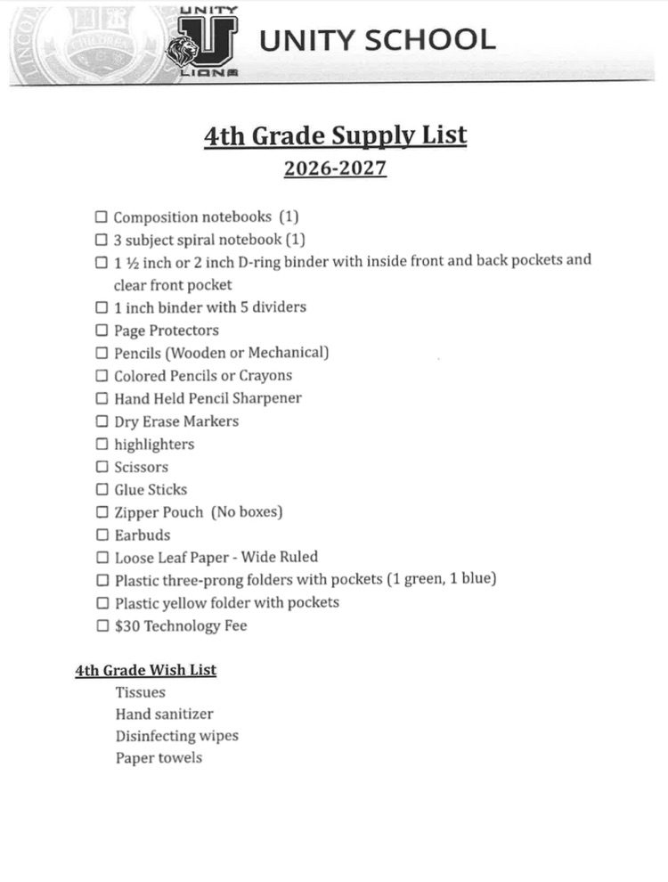 4th supply list
