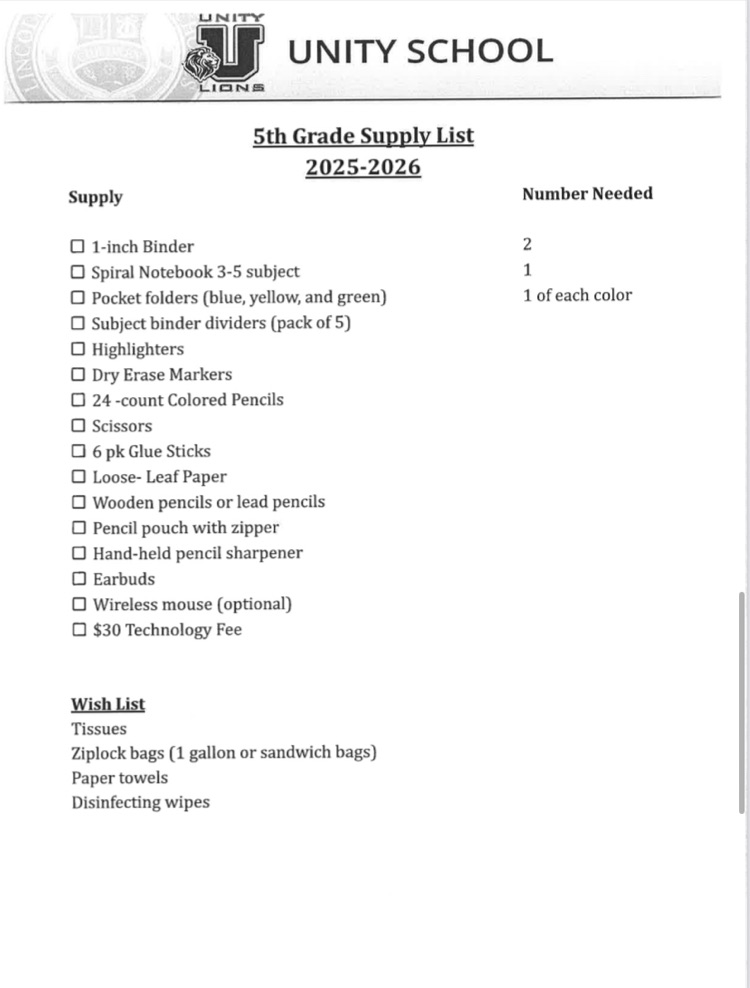 5th supply list