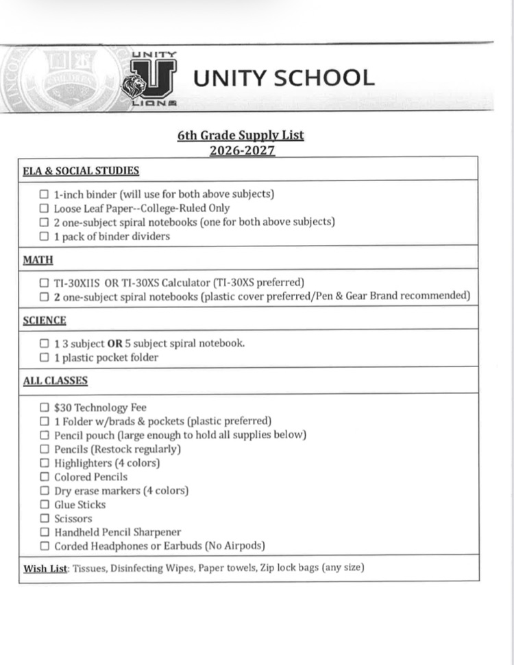 6th supply list