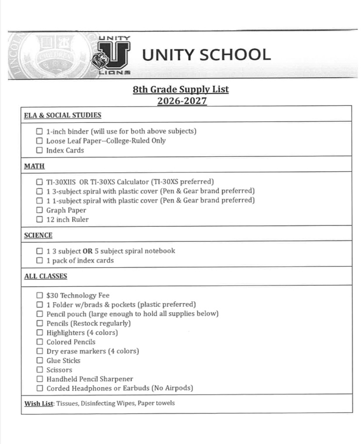 8th supply list