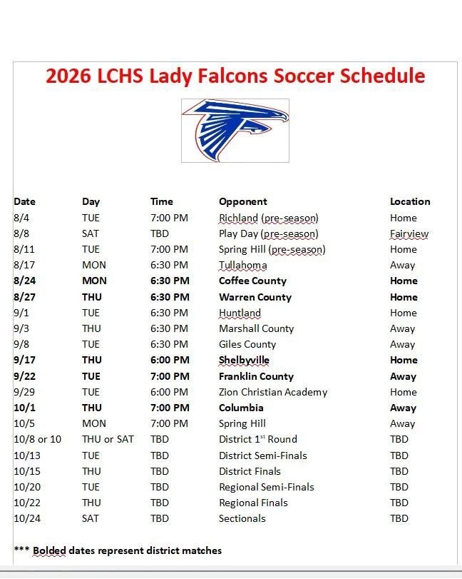 Lady Falcons Soccer Schedule