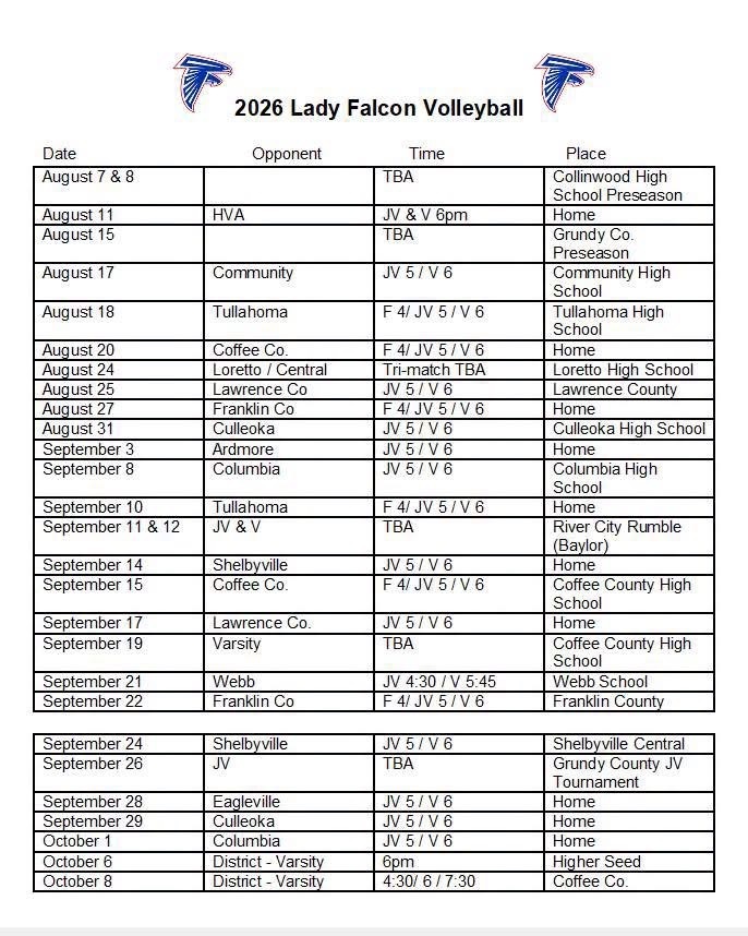 Lady Falcons Volleyball Schedule