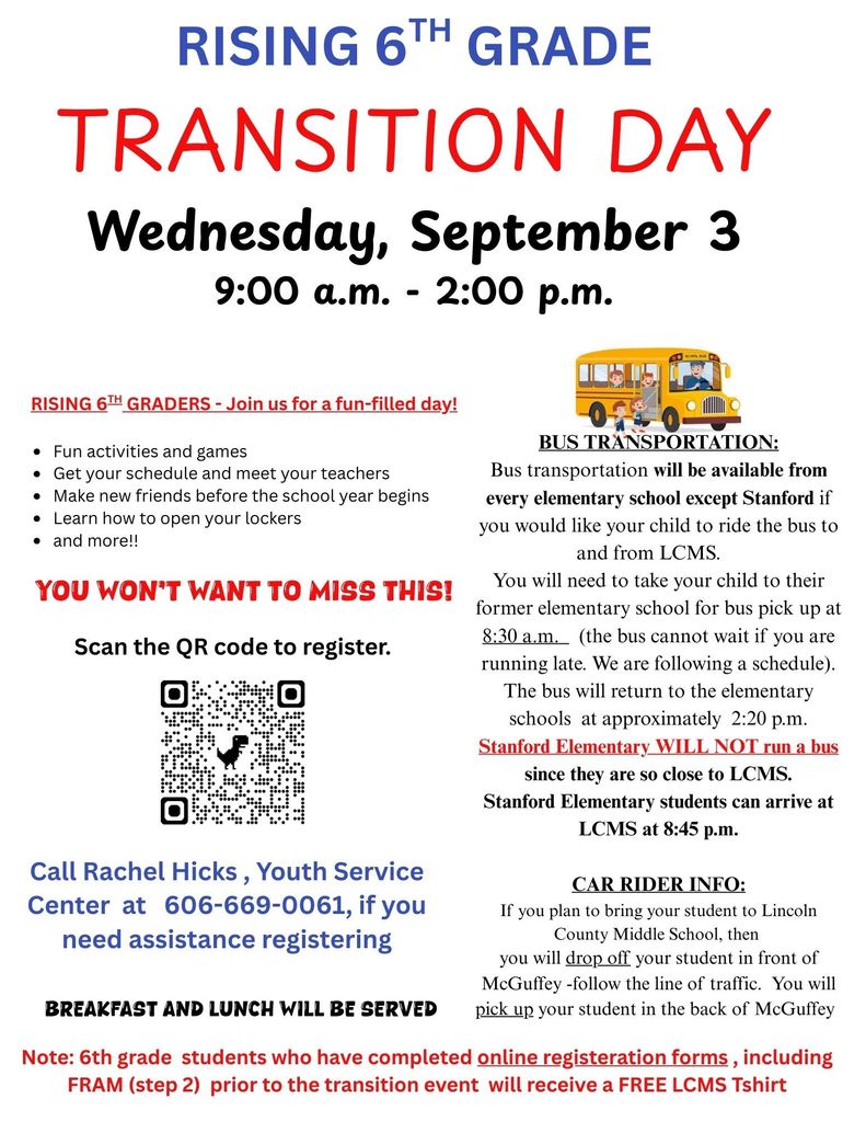 6th Grade Transition Day Flyer with QR code for registration.