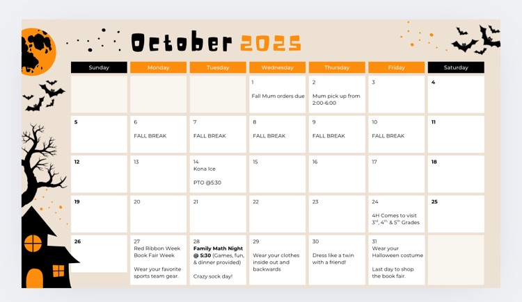 October Calendar and Announcements