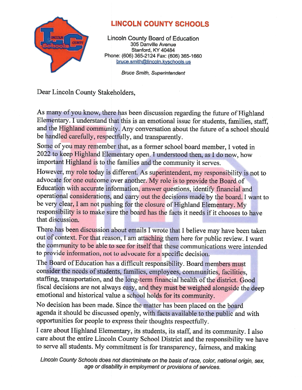 Superintendent Statement