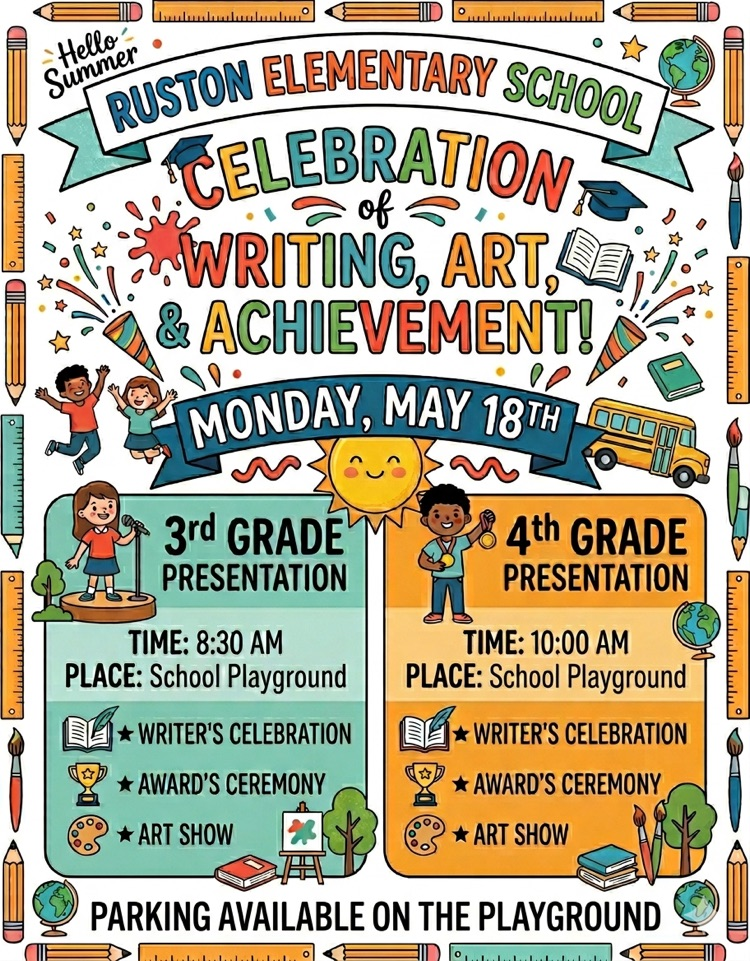 3rd & 4th grade families - don’t forget our end of the year activities for Monday, May 18. parking will be on the playground