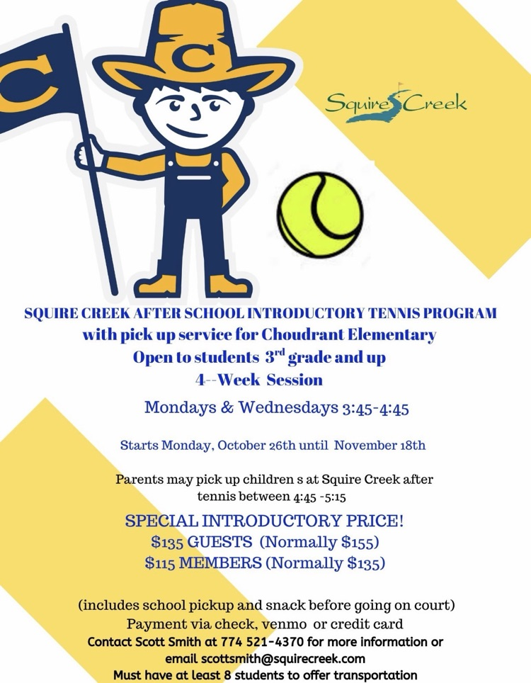 3rd-5th grade Introductory Tennis program starts after fall break. Sign up now