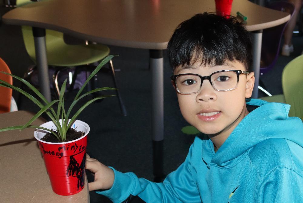 A young boy in a blue hoodie and glasses looks at the camera, smiling slightly. He holds a small green plant in a decorated red cup on a brown table, with classroom furniture blurred in the background.