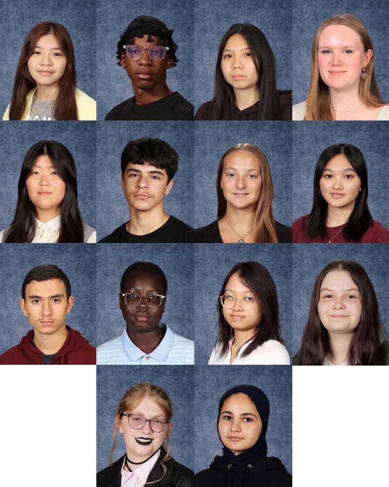 A grid of fourteen individual headshots shows diverse students looking towards the camera, some smiling, against a mottled blue-grey background.