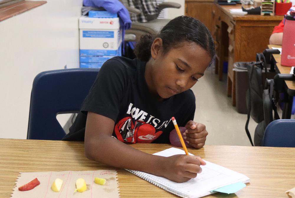 A student with dark hair sits at a wooden desk, writing in a spiral notebook with a pencil. On the desk are various sliced fruits on paper. They wear a black t-shirt and appear engaged in a classroom activity.