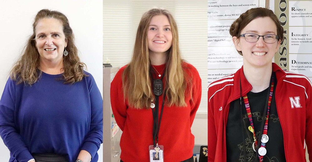 From left, Terri Dimon, Ashton Krueger and Kelleen Rosebaugh smile in their classrooms. The image is a collage of three separate pictures. 
