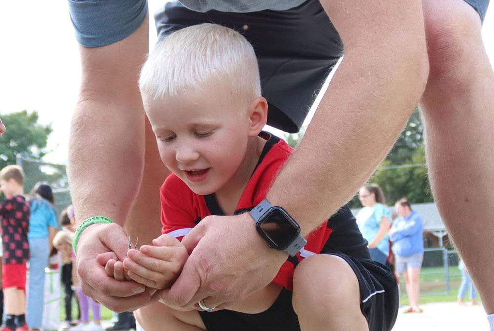 A Calvert Elementary School first grader inspects a butterfly as his father reaches out to help him hold it.
