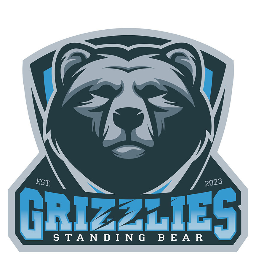 Standing Bear High School's logo features a grizzly bear in the middle with the words Standing Bear Grizzlies Est. 2023 underneath.