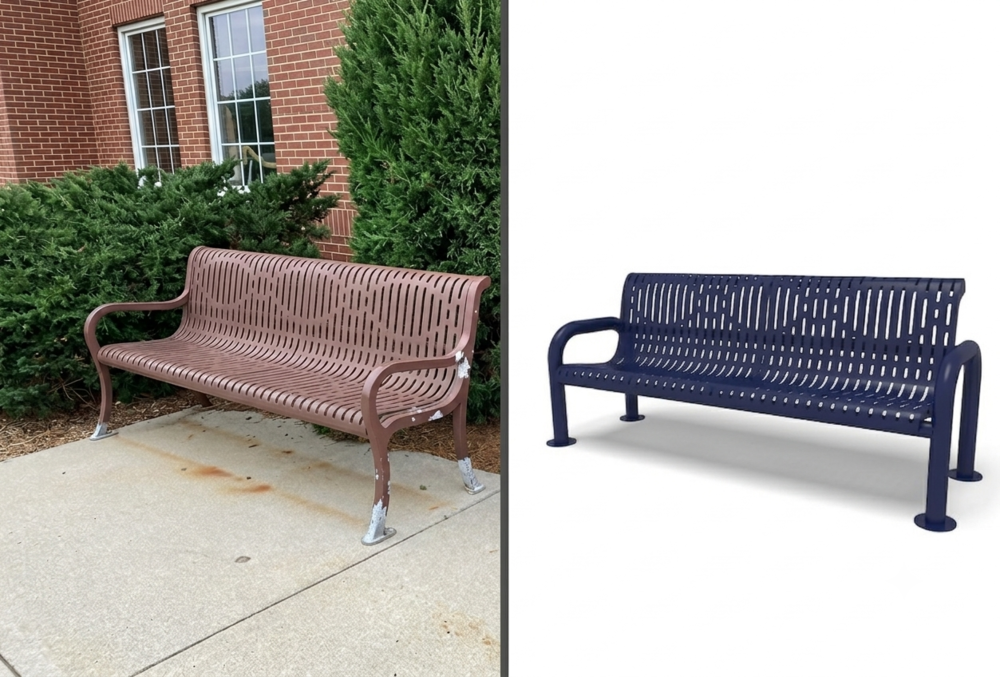 Old brown bench on the left, new blue bench on the right