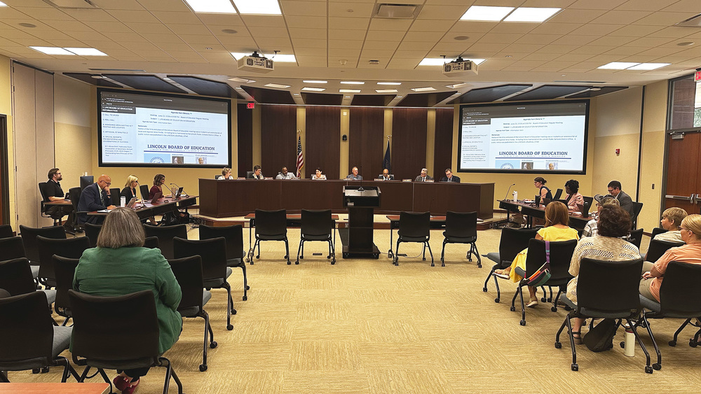 The Lincoln Board of Education in the Boardroom during a meeting.